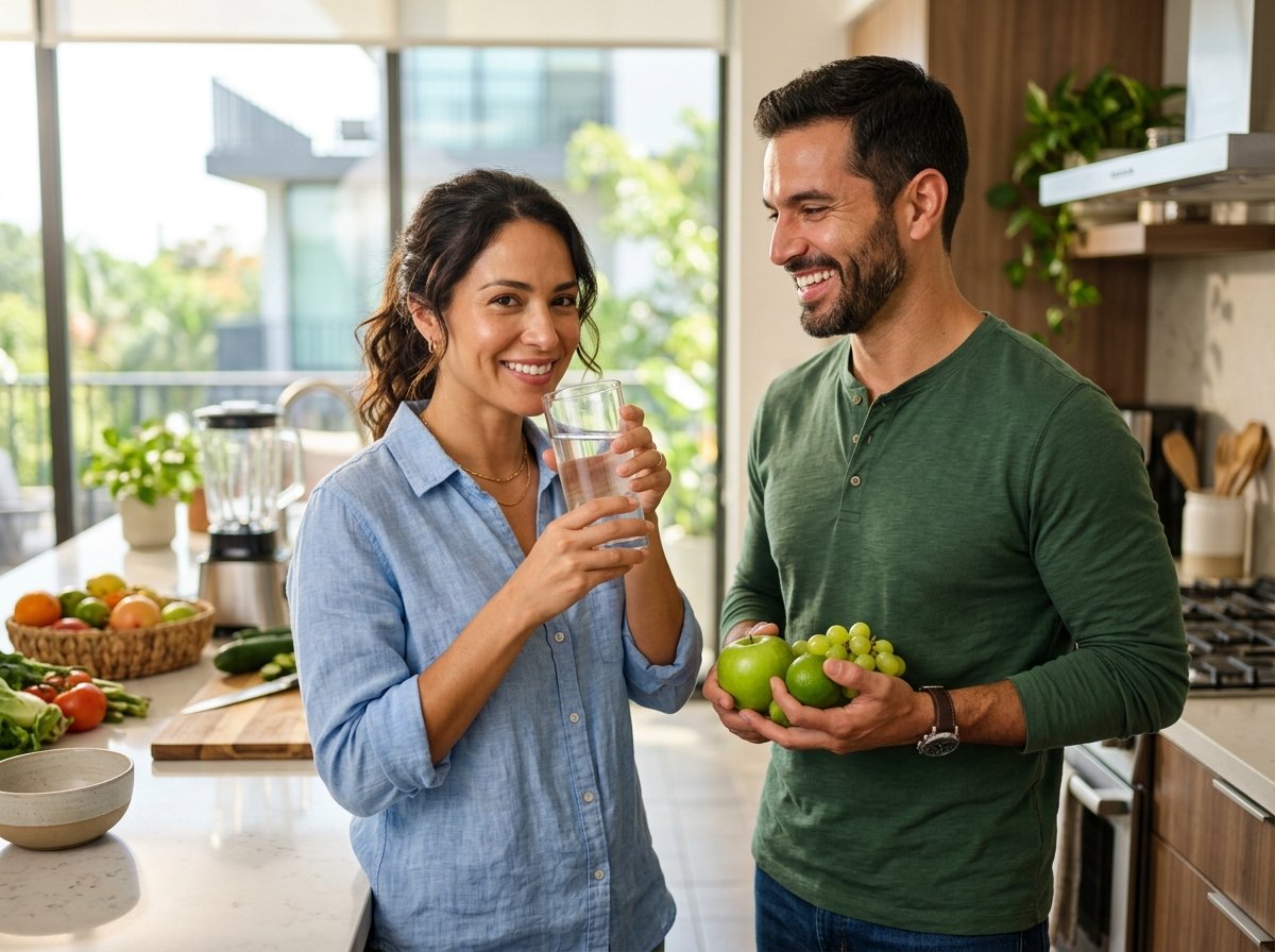 Pareja activa y vital con estilo de vida saludable disfrutando de suplementos nutricionales de alta absorción