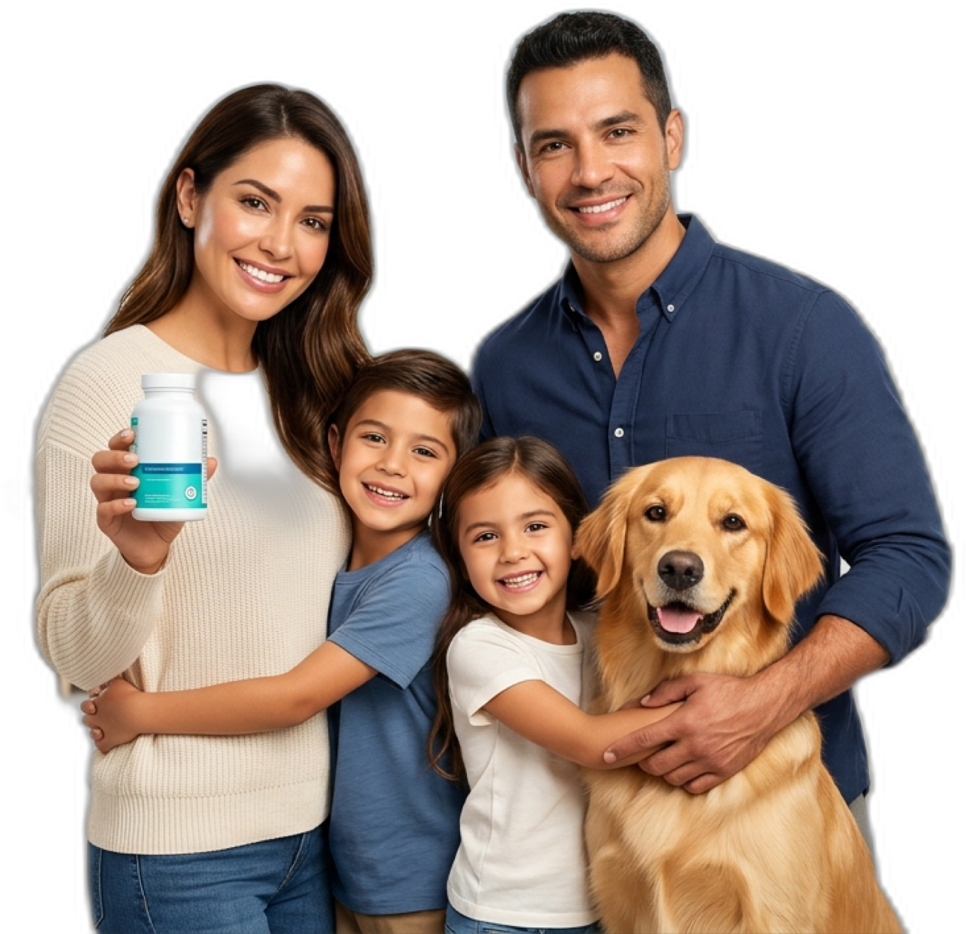 Familia hispana en su hogar feliz con mascota disfrutando de nutrición pura y suplementos de magnesio VitaPlena