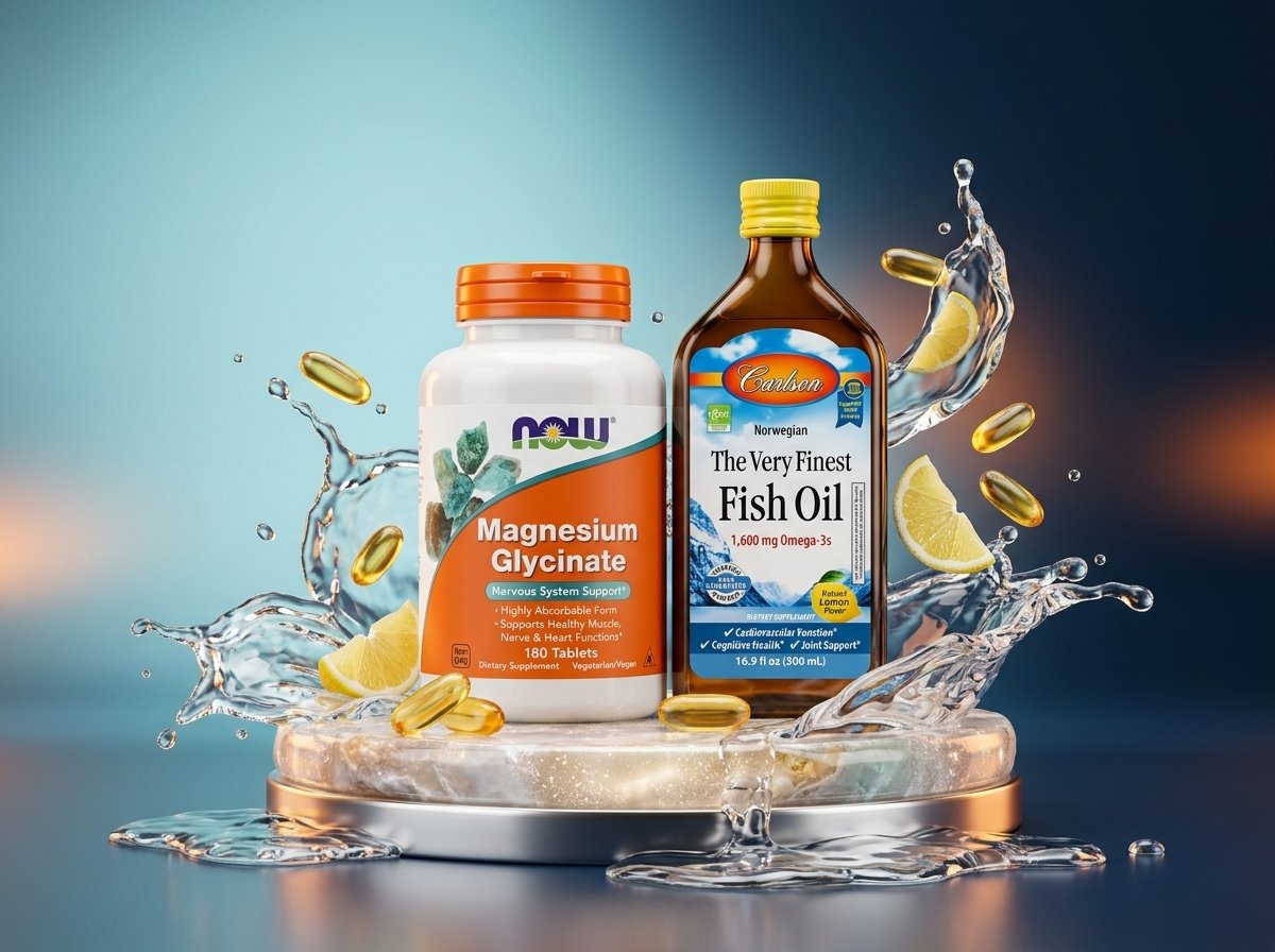 Fotografía profesional de Glicinato de Magnesio NOW Foods y Aceite de Pescado Noruego Carlson Labs con salpicadura y cápsulas de aceite